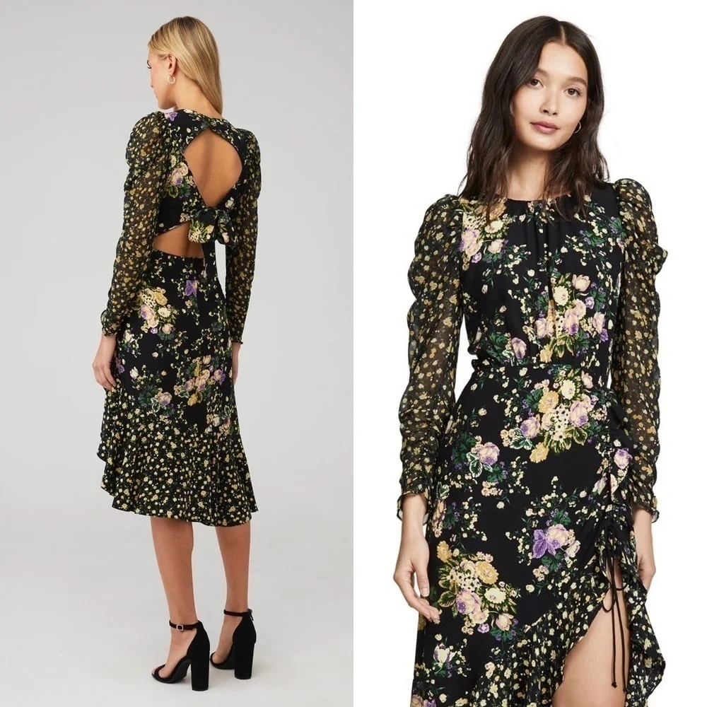 FOR LOVE & LEMONS Floral Long Sleeve Cutout Tie Back Ruched Ruffle Midi Dress XS